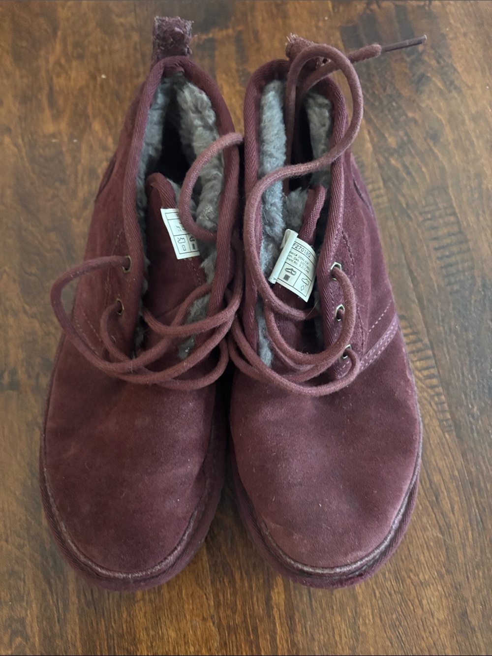 Ugg  Burgundy Suede Lace-Up Boots with Faux Fur Lining